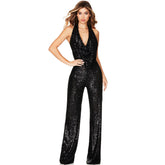 Glitzernder Pailletten Neckholder Wasserfallausschnitt Weites Bein Rückenfreier Jumpsuit - Schwarz